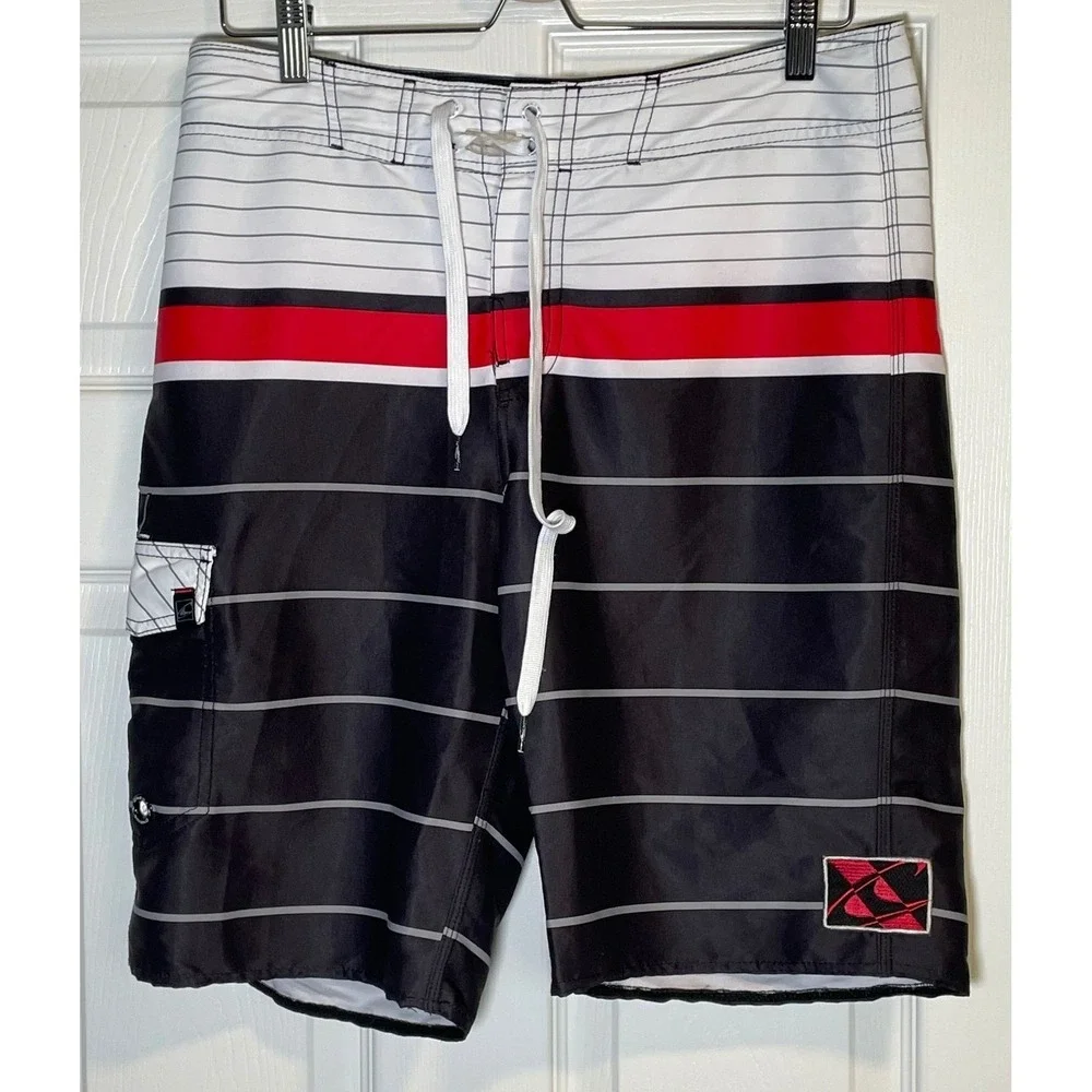 O'Neill Mens Board Shorts Black‎ White Red Striped Surf Trunks Size 31 RN85773